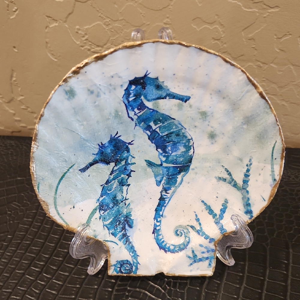 ONE OF A KIND HANDMADE EMBELLISHED Blue Seahorse SEASHELL